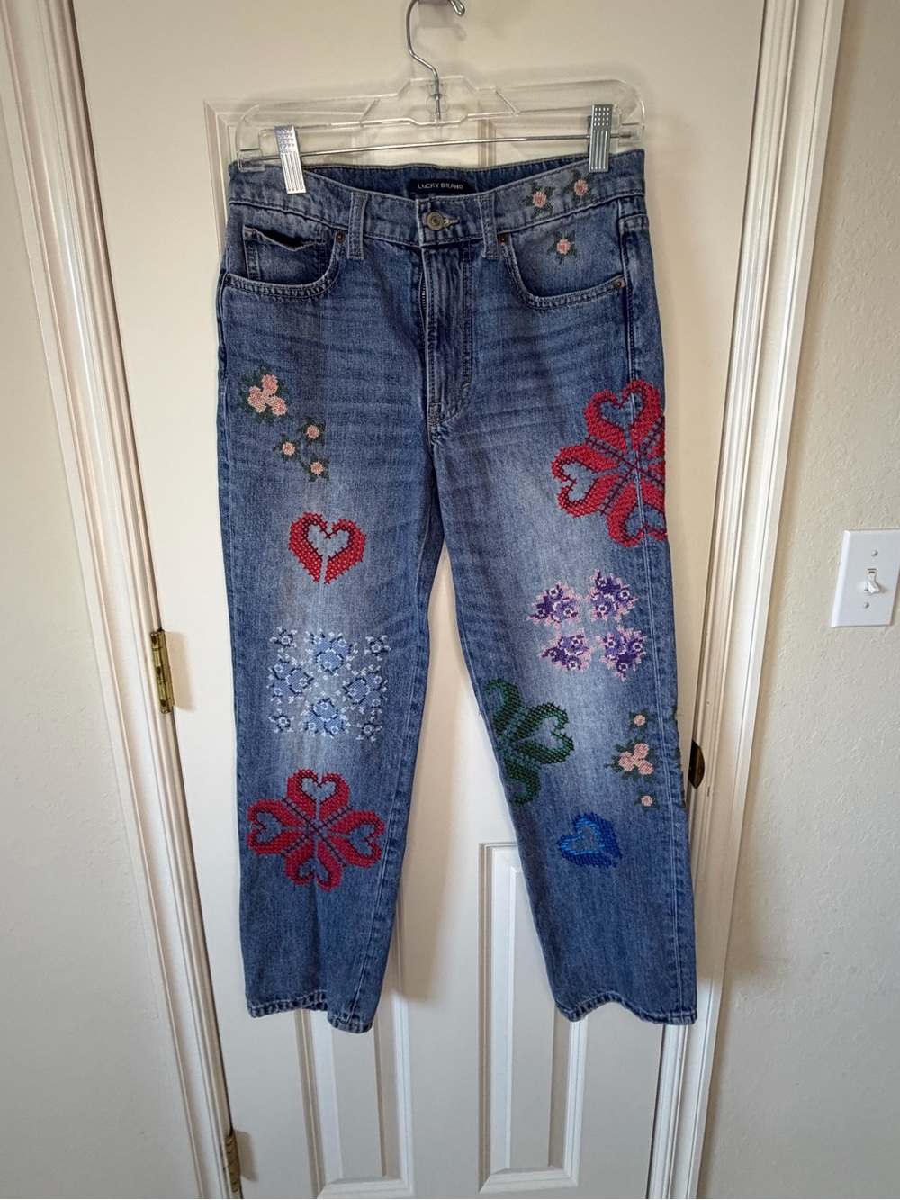 Lucky Brand Boyfriend Jeans with Embroidered Hearts & Flowers